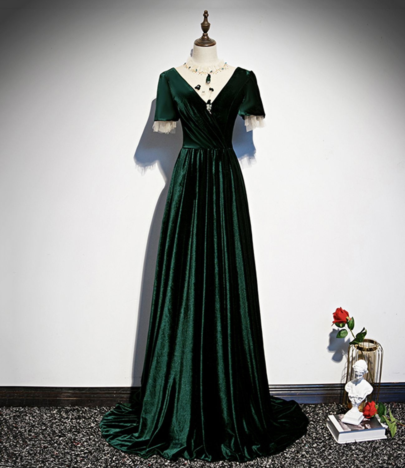 Green velvet long A line prom dress evening dress