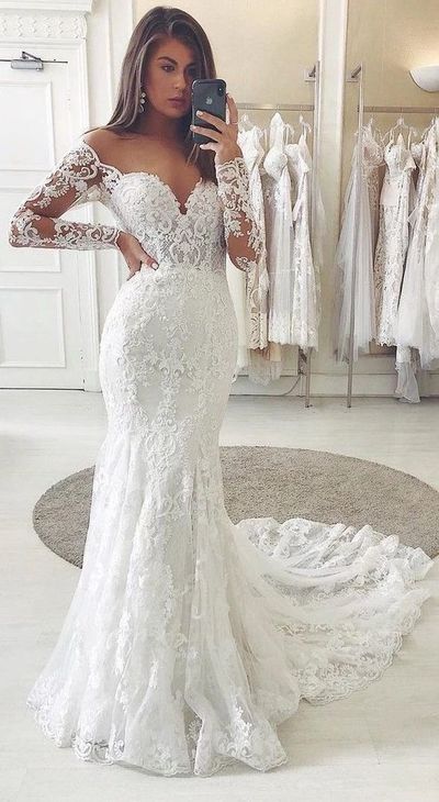 Charming Mermaid Off the Shoulder Long Sleeve Lace Wedding Dresses,698