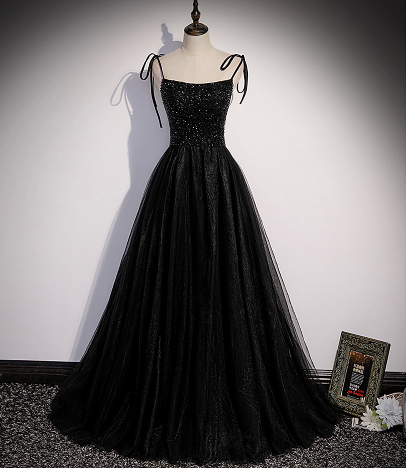 Black tulle beads long prom dress black evening gown