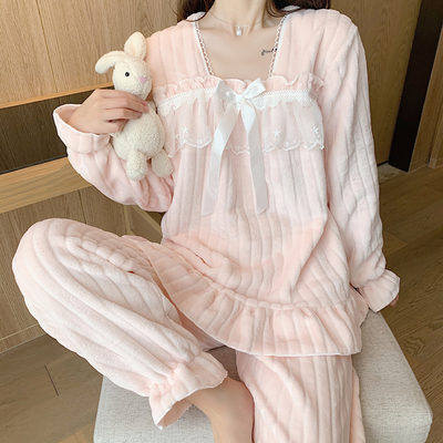 Cute Warm Winter Flannel Soft Pink Blue White Long Sleeve Tops & Pants Pajama Sleepwear