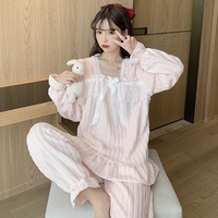 Cute Warm Winter Flannel Soft Pink Blue White Long Sleeve Tops & Pants Pajama Sleepwear - Thumbnail 2