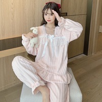 Cute Warm Winter Flannel Soft Pink Blue White Long Sleeve Tops & Pants Pajama Sleepwear - Thumbnail 3
