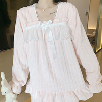 Cute Warm Winter Flannel Soft Pink Blue White Long Sleeve Tops & Pants Pajama Sleepwear - Thumbnail 4