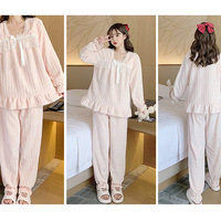 Cute Warm Winter Flannel Soft Pink Blue White Long Sleeve Tops & Pants Pajama Sleepwear - Thumbnail 5