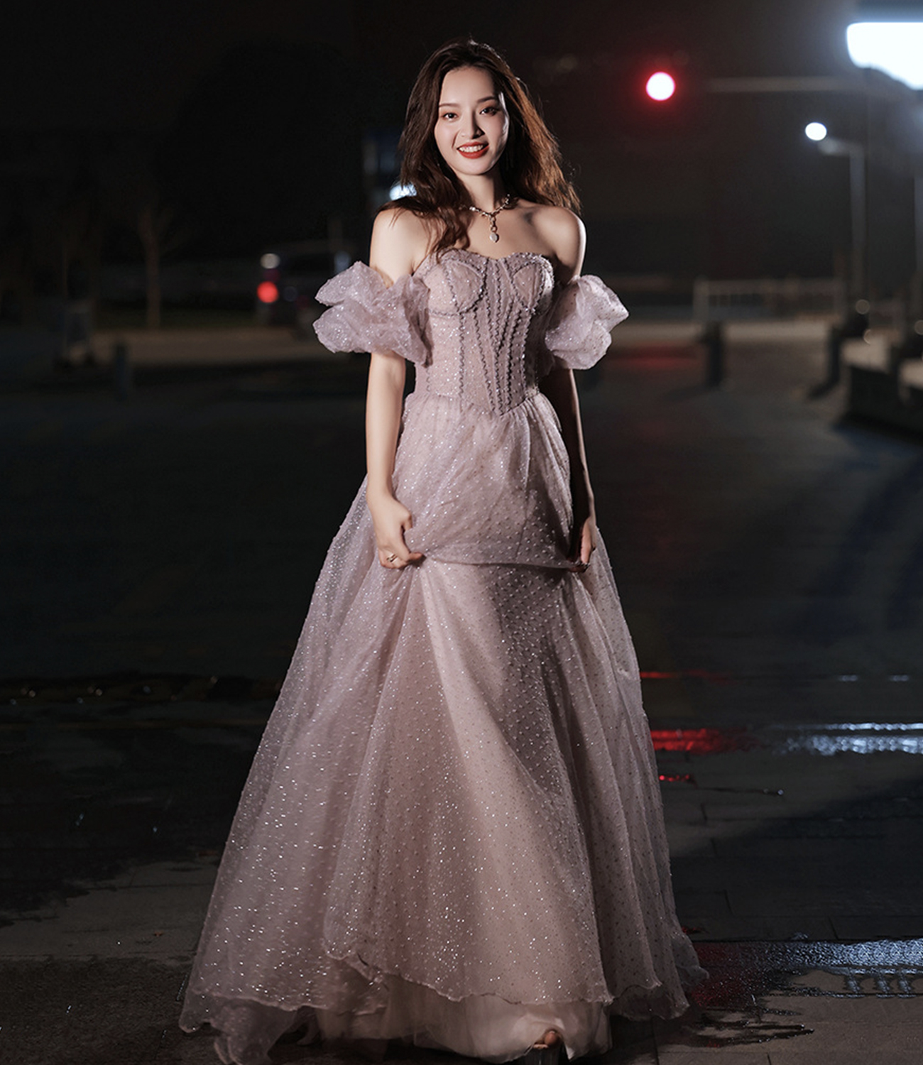 Pink tulle long prom dress pink evening dress