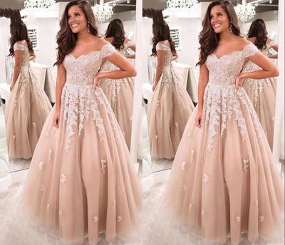A Line Champagne Lace Wedding Dresses Off The Shoulder Floor Length Bridal Gowns Zip Back Plus Size Second Wedding Outdoor Marriage,703