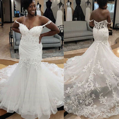 Mermaid Wedding Dresses Off the Shoulder Lace Applique Bridal Gowns Plus Size,704