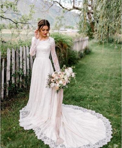 Vintage Lace A-line Modest Wedding Dress With Sheer Long Sleeves Wedding Gown,707