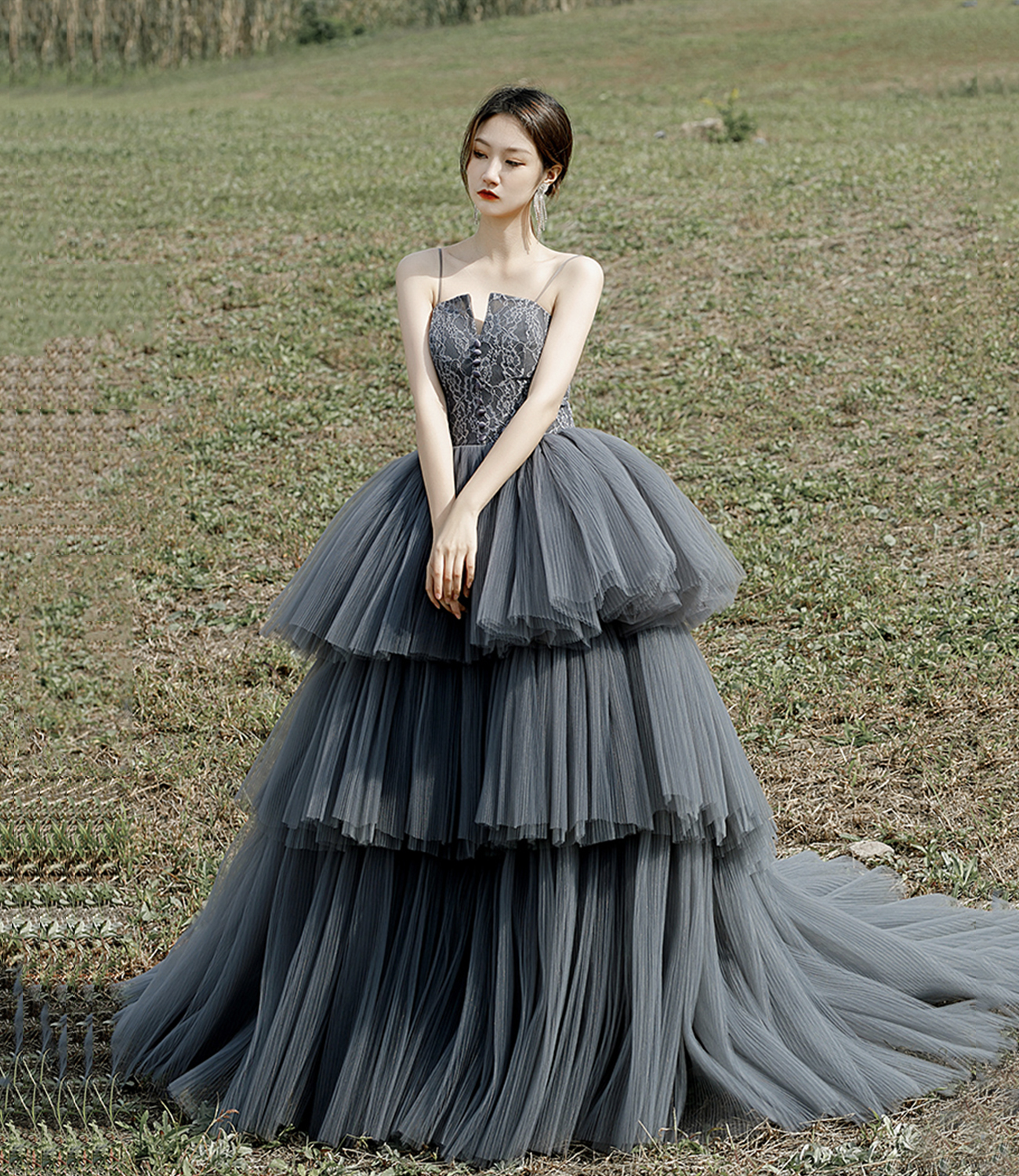 Gray tulle lace long ball gown dress formal dress