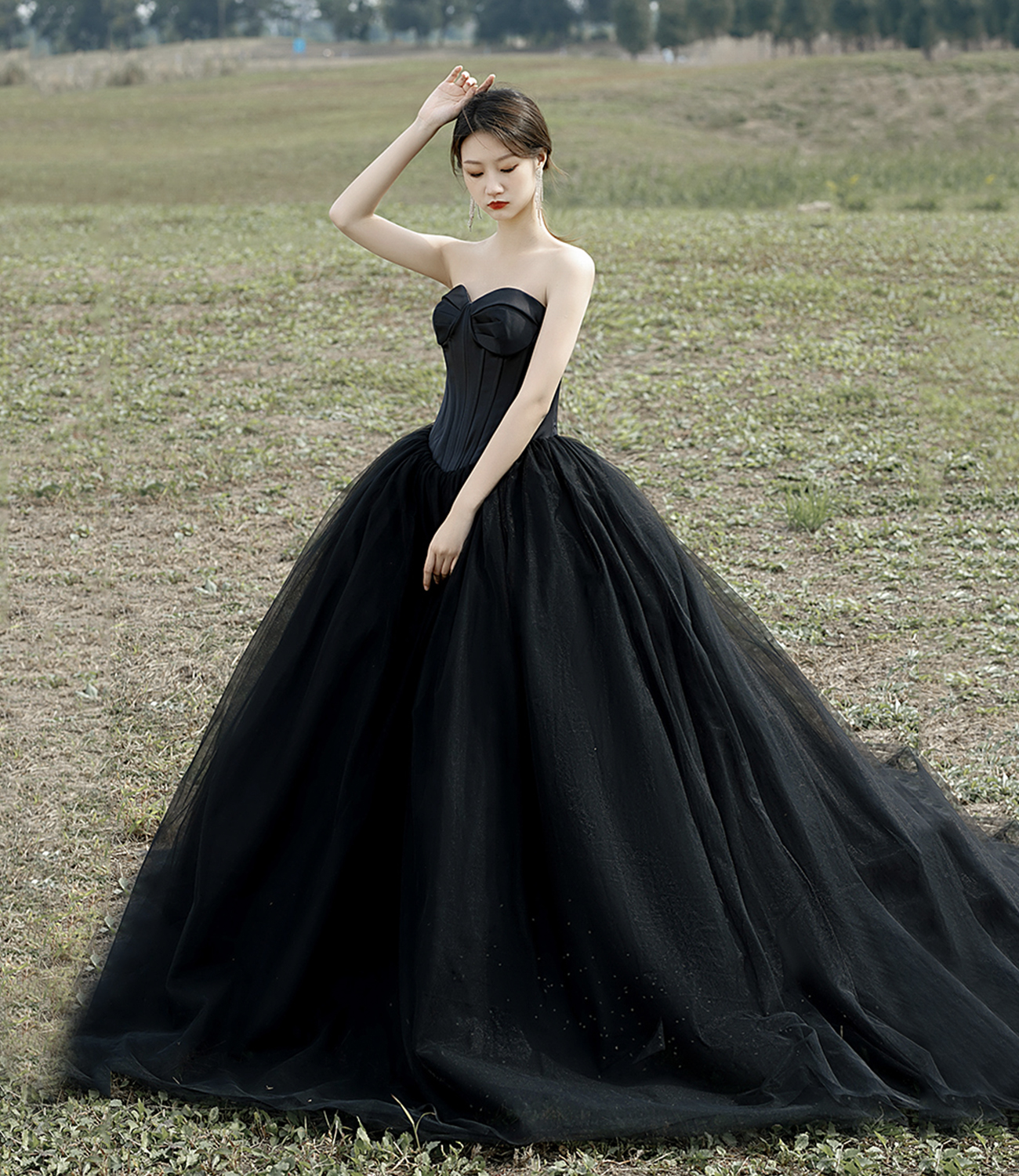 Black tulle long ball gown dress evening gown