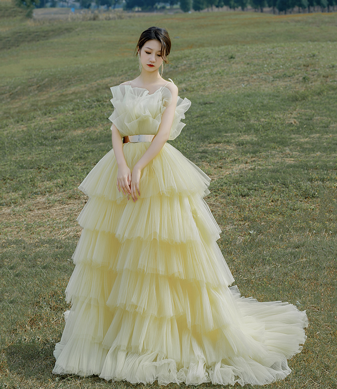 Yellow tulle long ball gown dress A line evening gown
