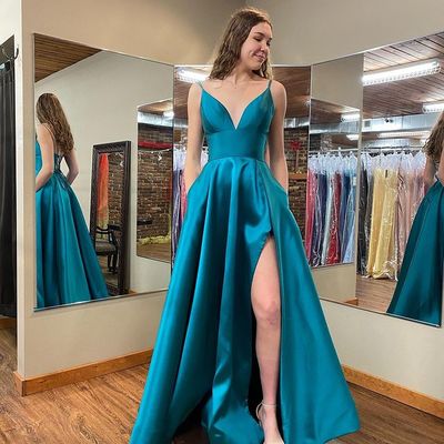 Cute a line v neck spaghetti straps peacock blue prom dresses with pockets - Thumbnail 3