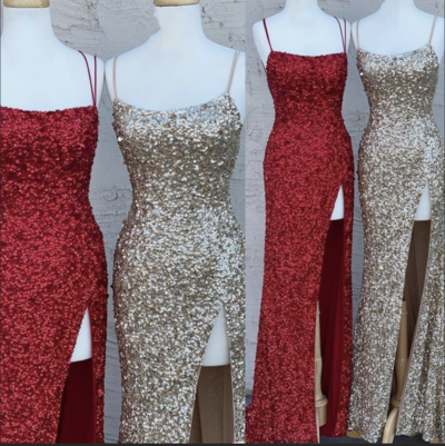 Burgundy/Gold Slit Prom Dresses