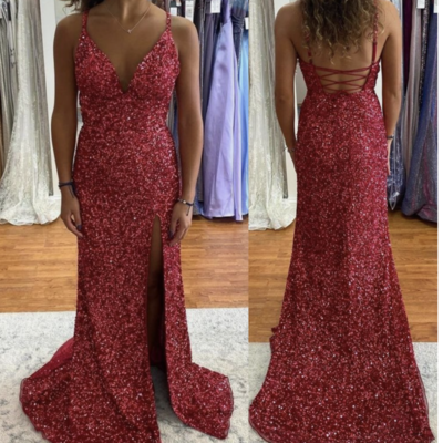 Burgundy v neck prom dresses  - Thumbnail 2