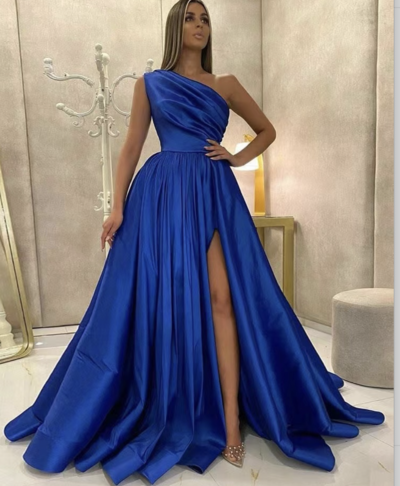 Royal Blue One Shoulder Prom Dresses Slit