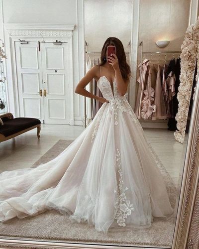 Luxury Ball Gown V Neck White & Pink Wedding Dresses with Appliques,710