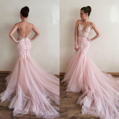 Cute Mermaid V Neck Pink Tulle Wedding Dresses with Lace,712