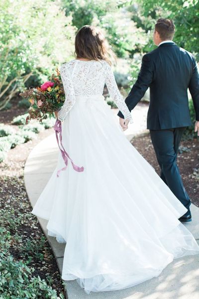 Gorgeous A-Line Round Neck Long Sleeve White Wedding Dress Spring Bride Gown,715