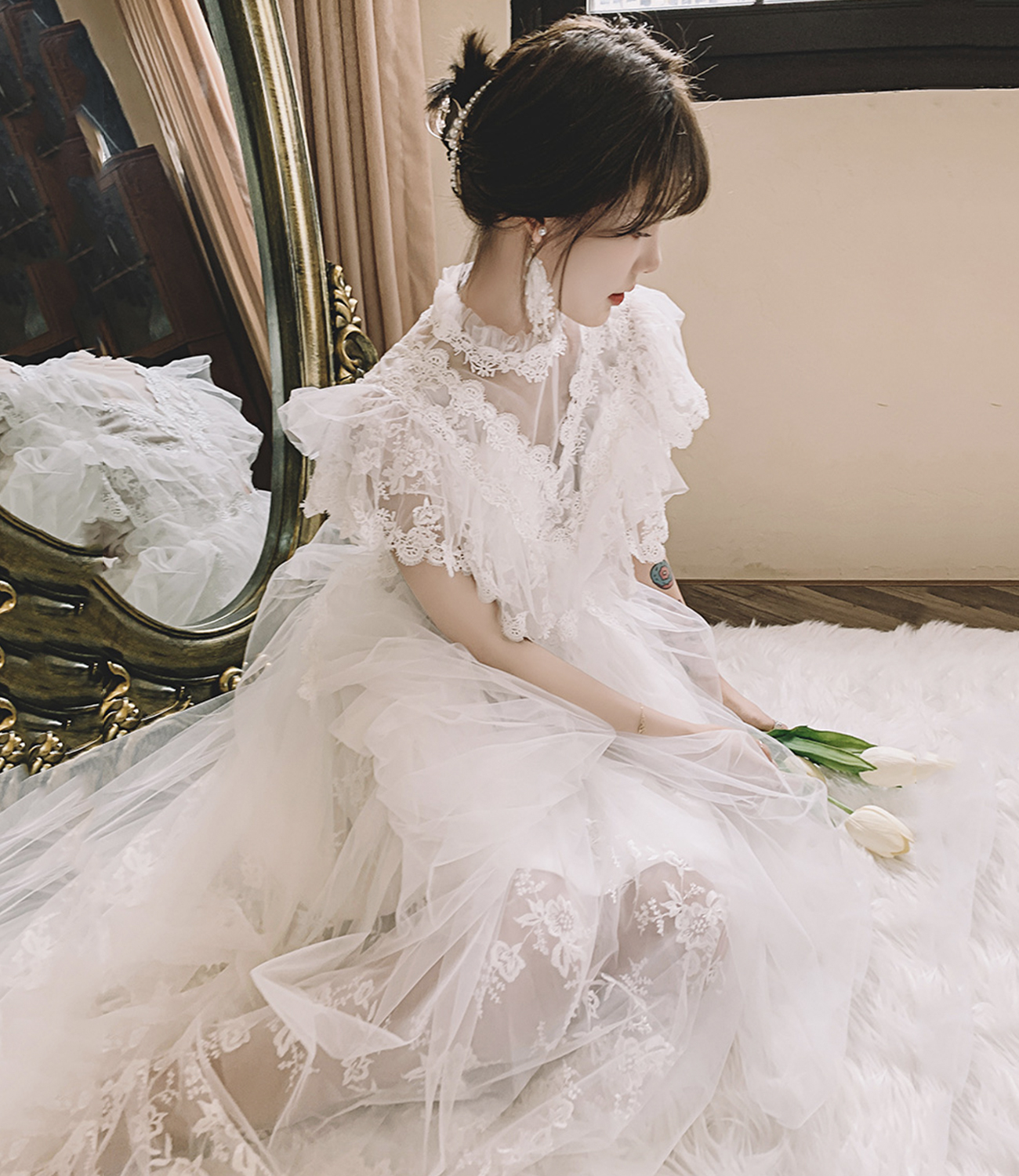 White tulle lace long prom dress evening dress