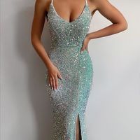 Sexy V Neck Mermaid Velvet Sequins Prom Dress with Slit - Thumbnail 1