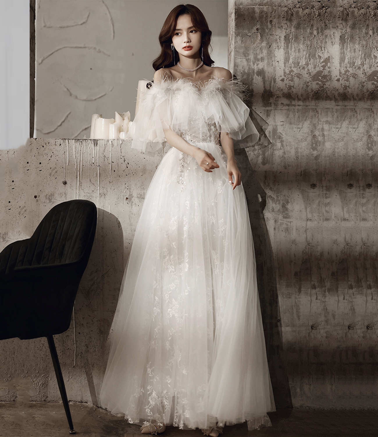 White tulle sequins long prom dress evening dress