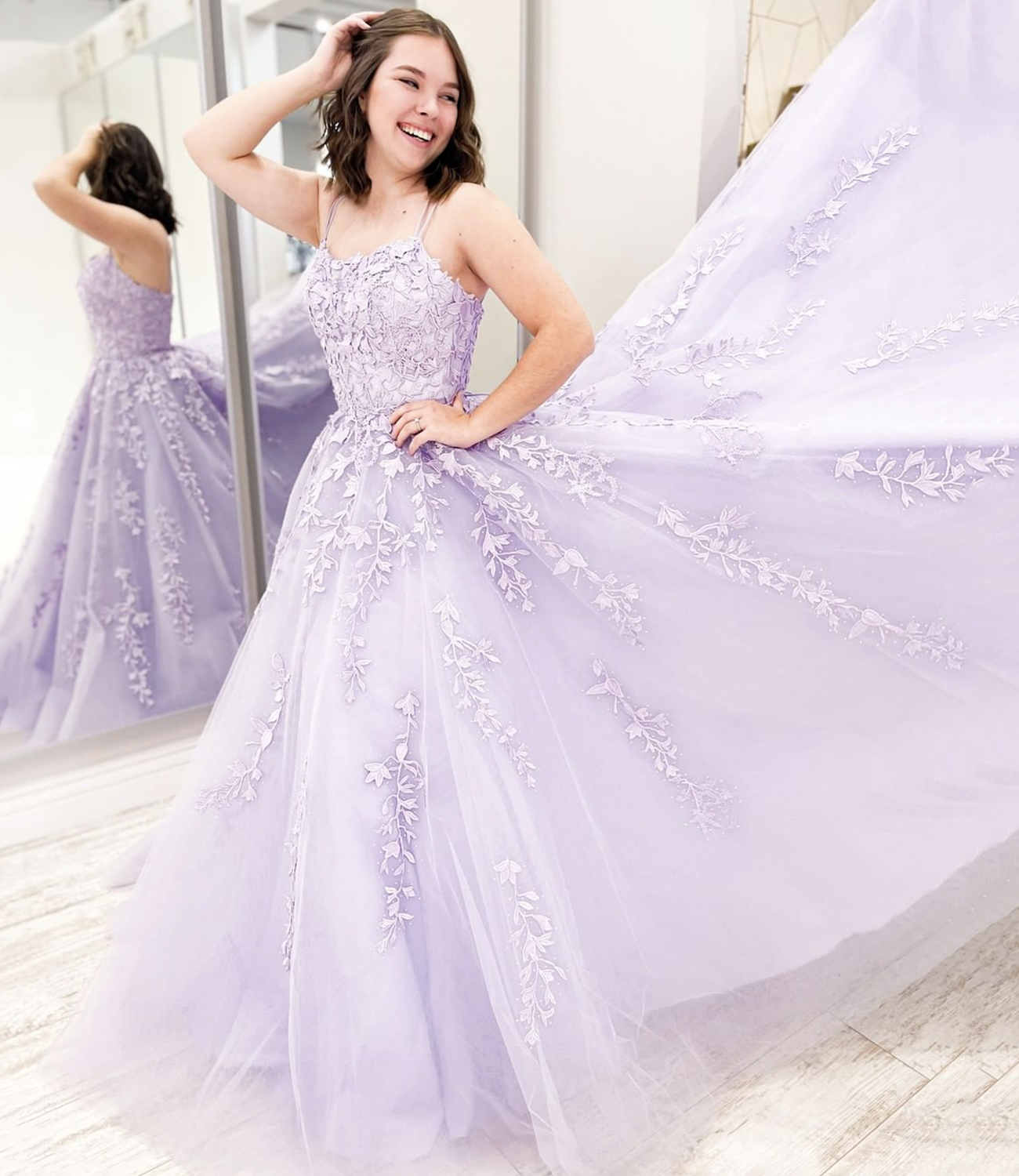 Purple tulle lace long prom dress A line evening gown