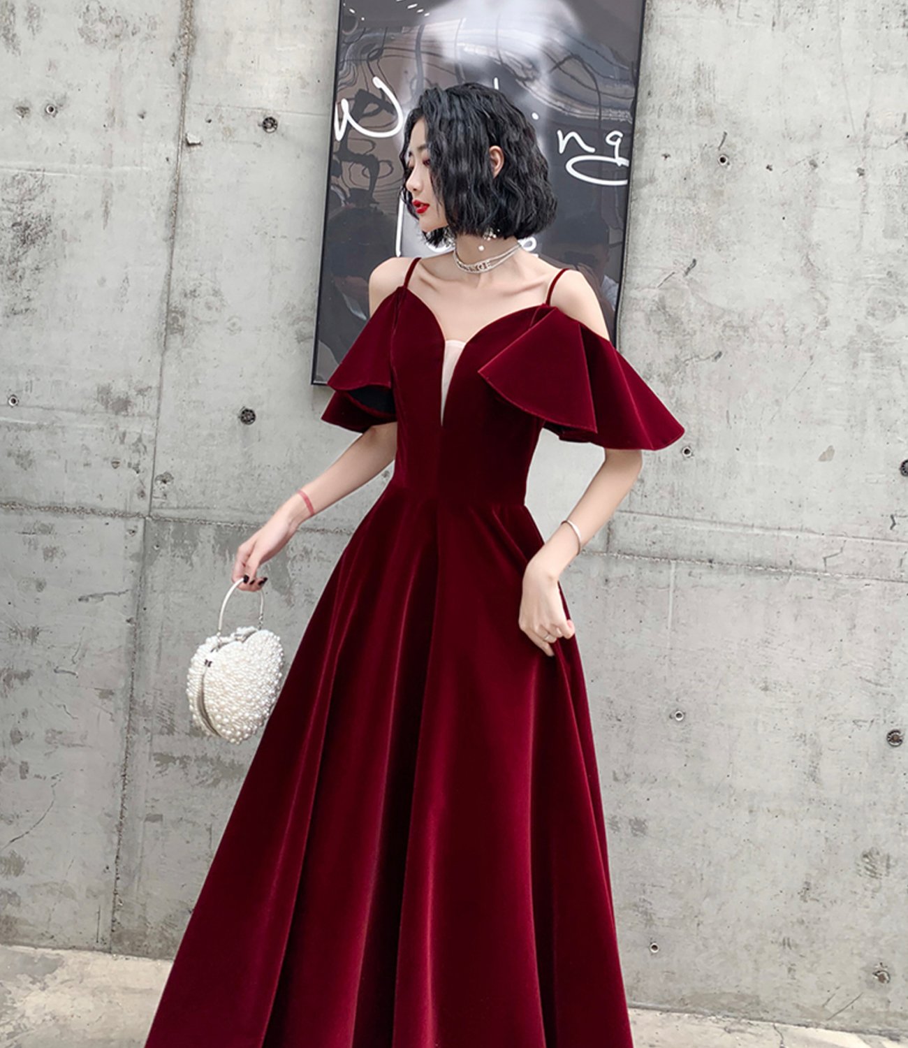 Burgundy velvet long prom dress A line evening dress