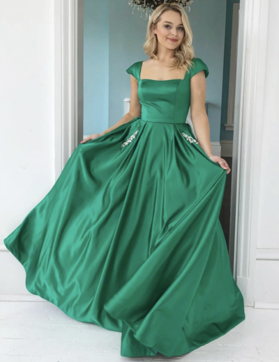 Green Prom Dresses Cap Sleeves with Beaded