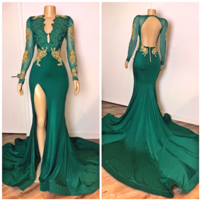 Green Prom Dresses Long Sleeves V Neck Lace Mermaid Dress,1269