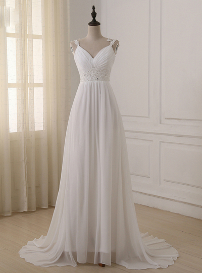 Spaghetti Straps Chiffon Floor Length Backless Wedding Dress,721