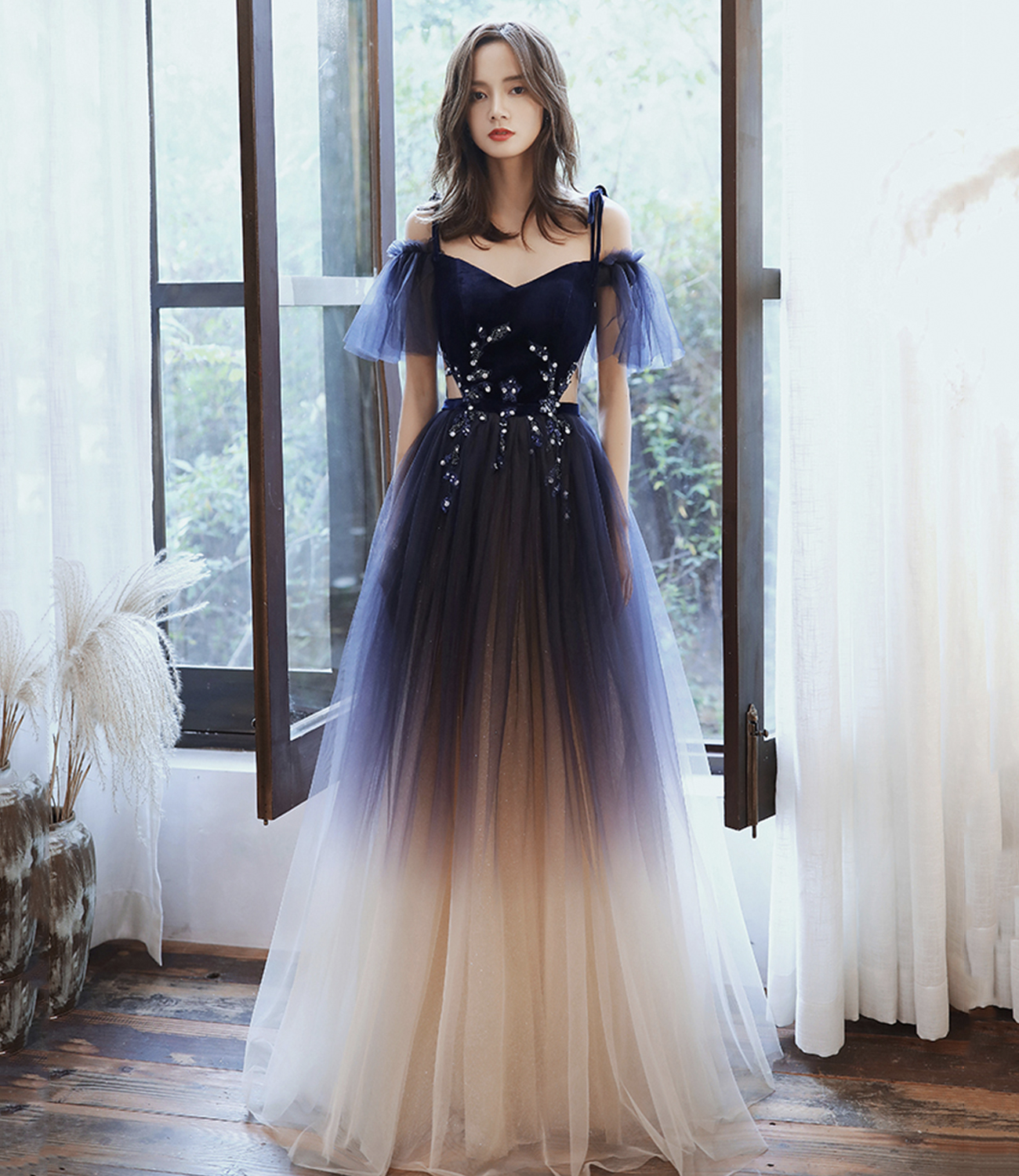 Blue velvet tulle long prom dress A line evening dress