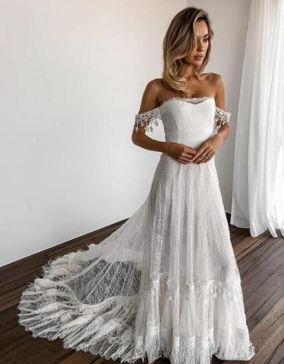 Off the Shoulder White Lace Wedding Dresses Bridal Gown