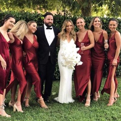 Sexy V Neck Long Slit Side Bridesmaid Dresses