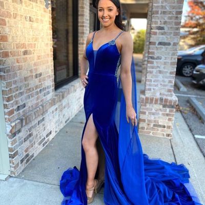 Stunning mermaid v neck straps royal blue clock prom dress with beading - Thumbnail 4