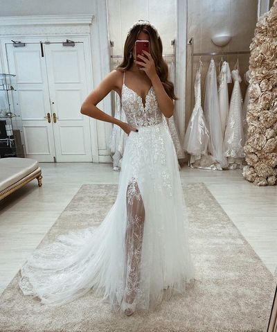 A Line V Neck Spaghetti Straps Lace Wedding Dress with Appliques
