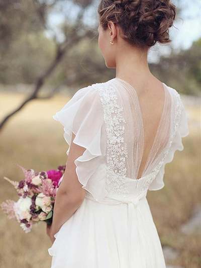 Flouncing Sleeve Sheer Backless Applique Tiers Pleated Bowknot Wedding Dresses,724