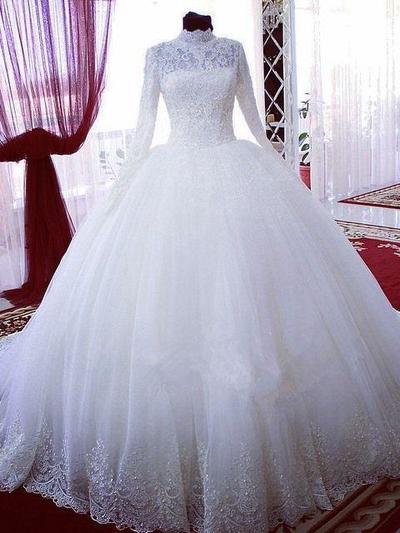 High Neck Long Sleeves Bridal Ball Gown Wedding Dresses Bridal Gowns Prom Dress,725
