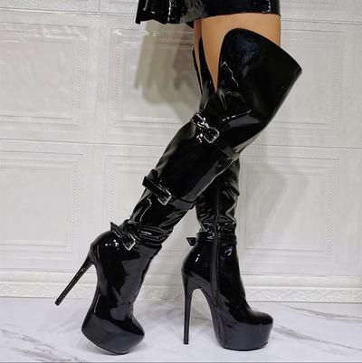 Sexy Black High-heeled Leather Buckle Over-the-knee Women's Boots