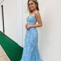 Cute Mermaid Sweetheart Straps Light Blue Prom Dress with Appliques - Thumbnail 2