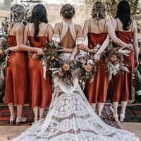 Rust Burnt Orange Dusty Orange Silk Satin Bridesmaid Dresses - Thumbnail 2