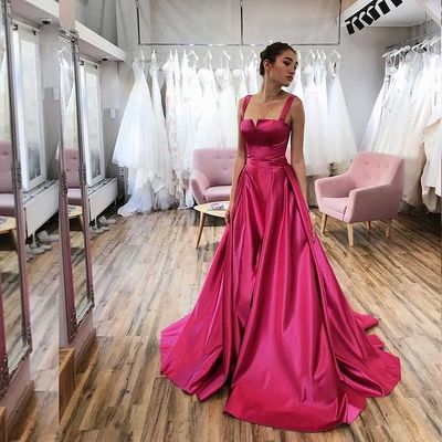 Elegant a-line fuchsia satin long prom dresses 2022 evening party dresses - Thumbnail 2