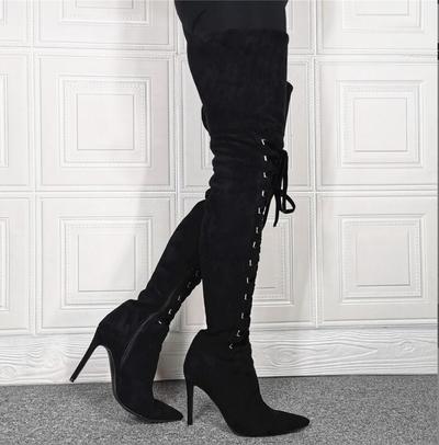 Black Lace-up Stiletto Elastic Women's Boots