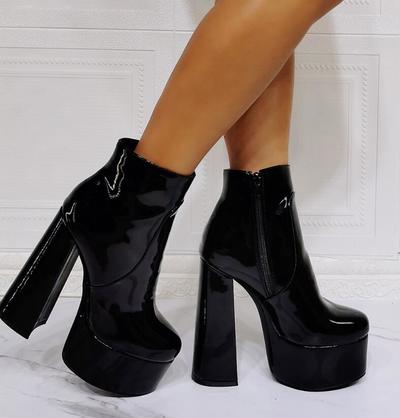 Black Patent Leather Thick Heel High Heel Women's Short Boots