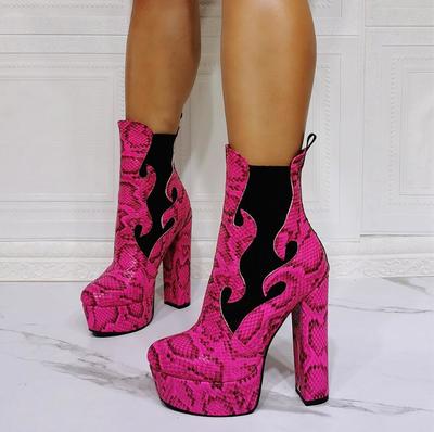 Fashion Snake Print Waterproof Platform Flame Thick Heel Women's Short Boots