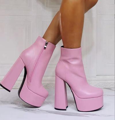 Pink Thick-heeled Fashion High-heeled Women's Short Boots