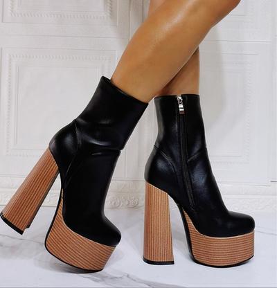 Black Wood Grain Thick Heel High Heel Women's Ankle Boots