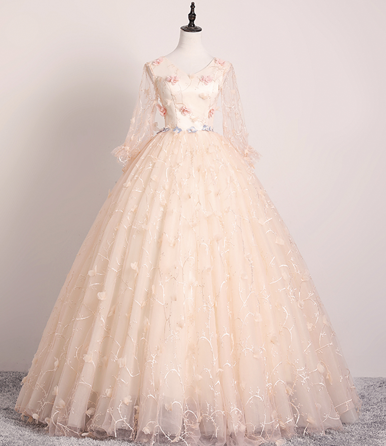 Pink v neck tulle long prom dress A line evening gown