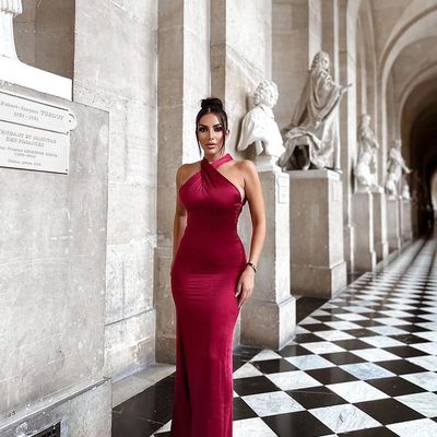 Sexy mermaid halter neck backless rose red prom dress, evening dress - Thumbnail 2