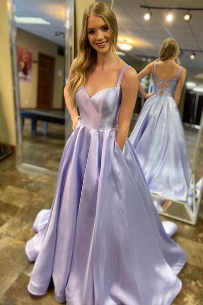 Simple A Line V Neck Lavender Satin Long Prom Dress with Pockets
