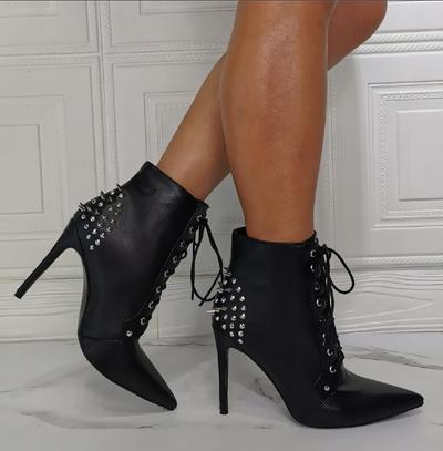 Black Lace-up Rivet Fashion High-heeled Women's Ankle Boots